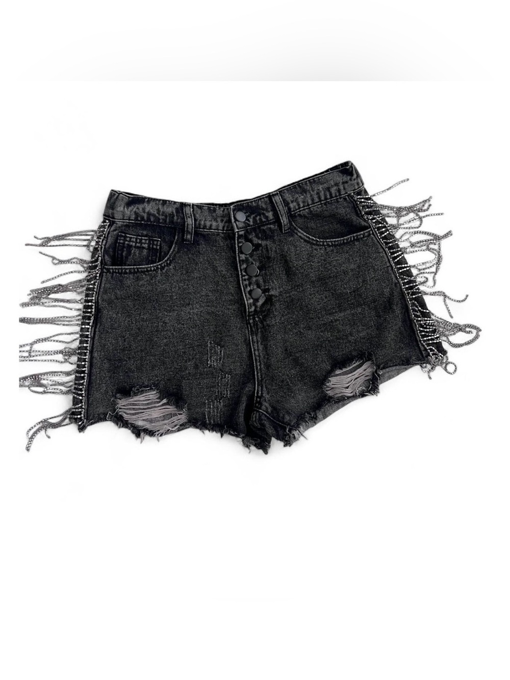 Savanna Jane Black Distressed Denim Shorts with Side Fringe small
